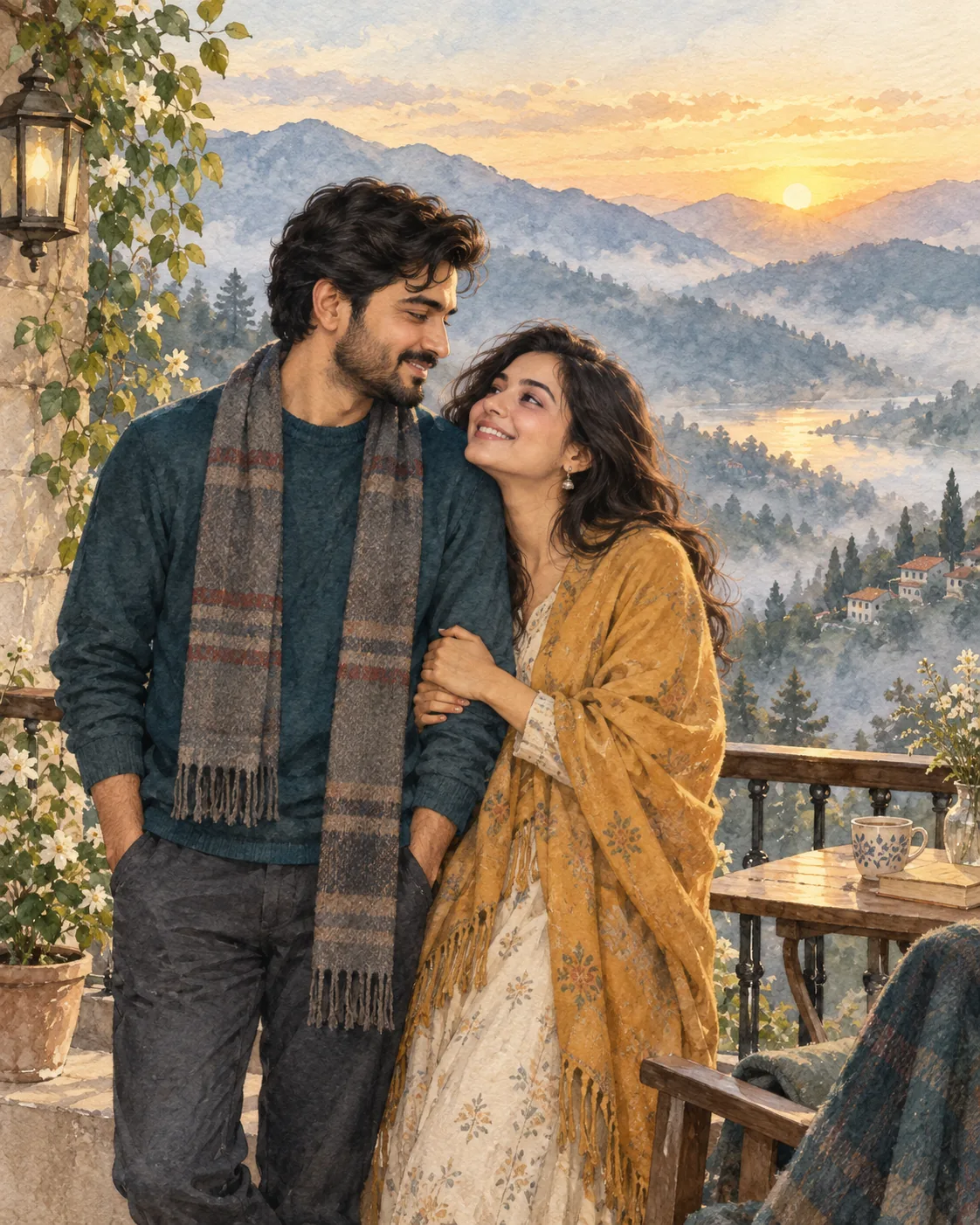 Watercolor-style portrait of a couple overlooking misty hills